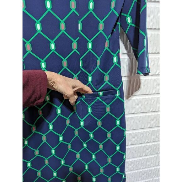 Katherine Way Women's Green Blue Nylon Front Pockets Gold Button Dress Small - Picture 5 of 6